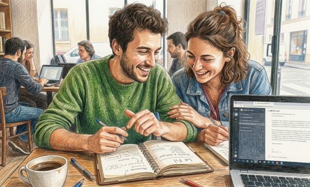 Deux entrepreneurs souriants, penchés sur un carnet de route ouvert dans un café.
