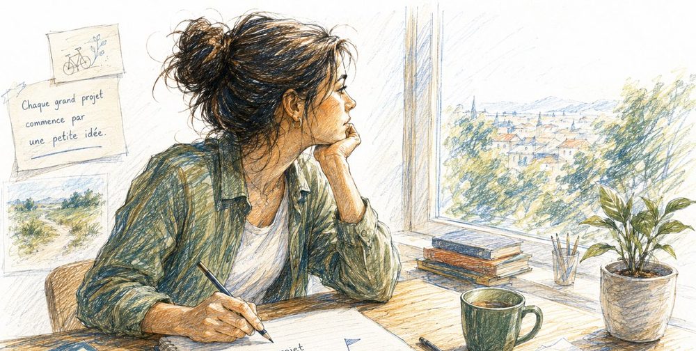 Entrepreneuse à son bureau regardant par la fenêtre, illustration au crayon
