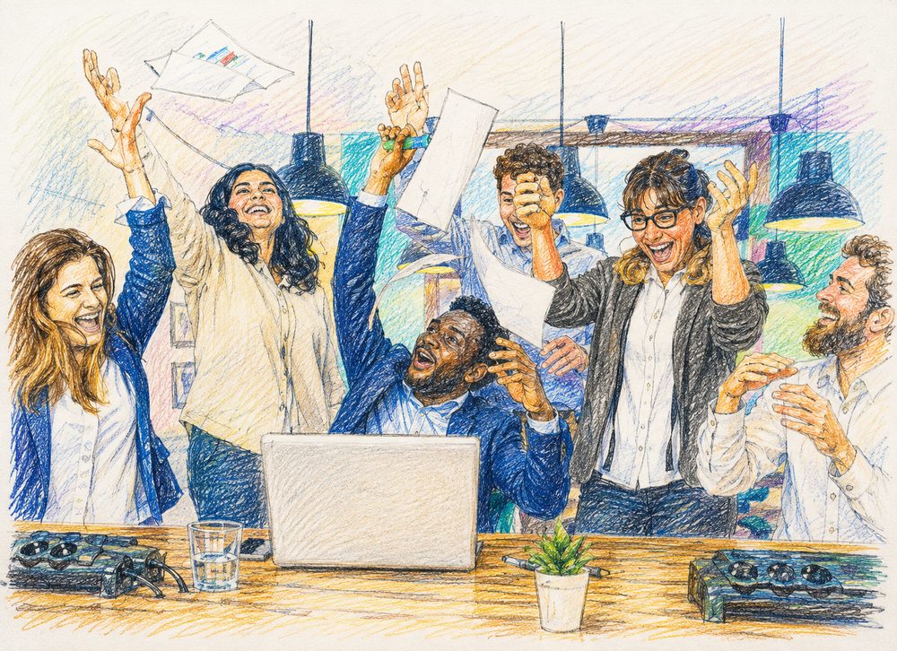 Équipe d'entrepreneurs célébrant ensemble une étape de leur projet, illustration au crayon