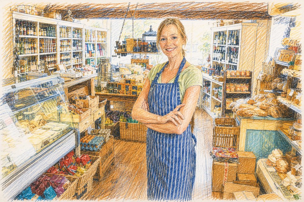Portrait dessiné de Sarah à son étal d'épicerie fine
