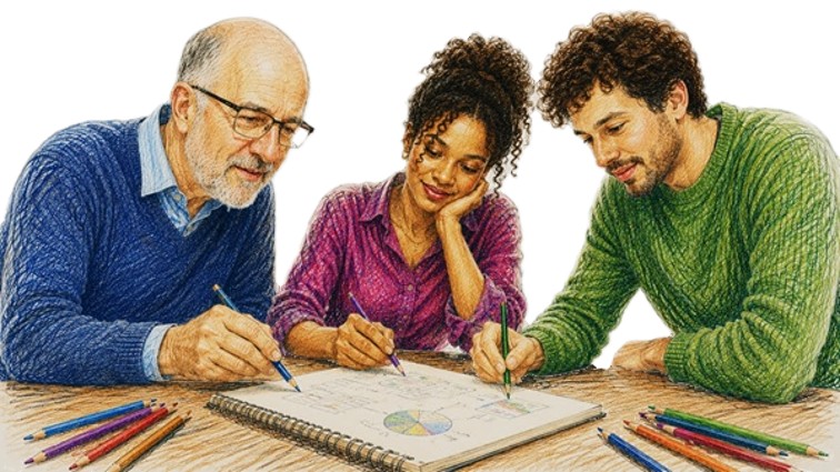 Un entrepreneur senior, une femme et un jeune entrepreneur travaillent autour d’un cahier ouvert.