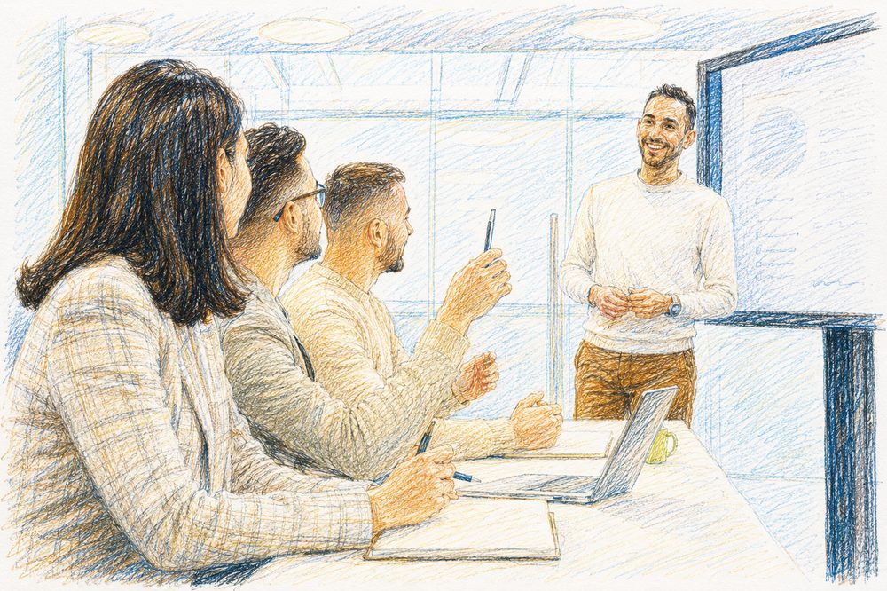 Portrait dessiné de Marc animant une session de formation hybride