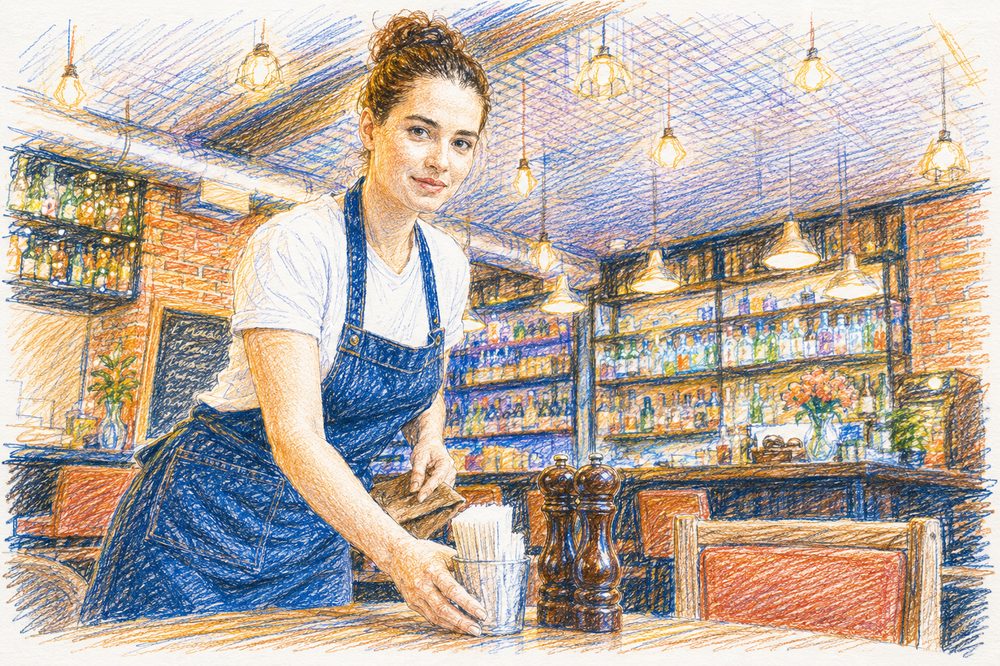 Portrait dessiné de Lucie dans la salle de son petit restaurant